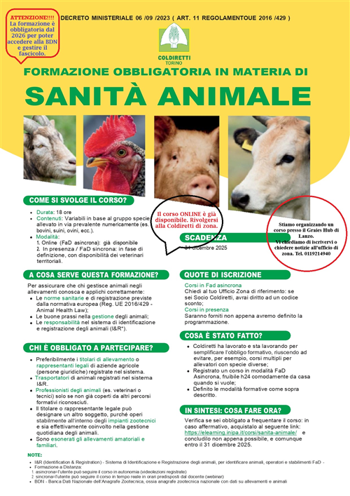 Formazione obbligatoria in materia di sanità animale